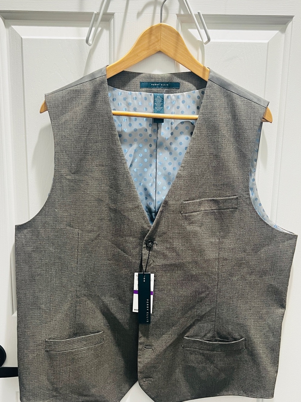 Perry Ellis Gray Men's Dress Vest with Light Blue Polka-Dot Lining